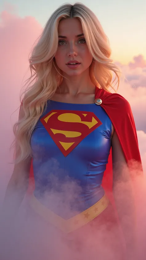 Close-up of an imposing figure, a young woman in a 1980s Supergirl costume ((20years old with large breasts; Supergirl 1980s costume; glued to the body; beautiful and elegant; huge breasts; blonde hair with some white strands))) and piercing gaze, floating...