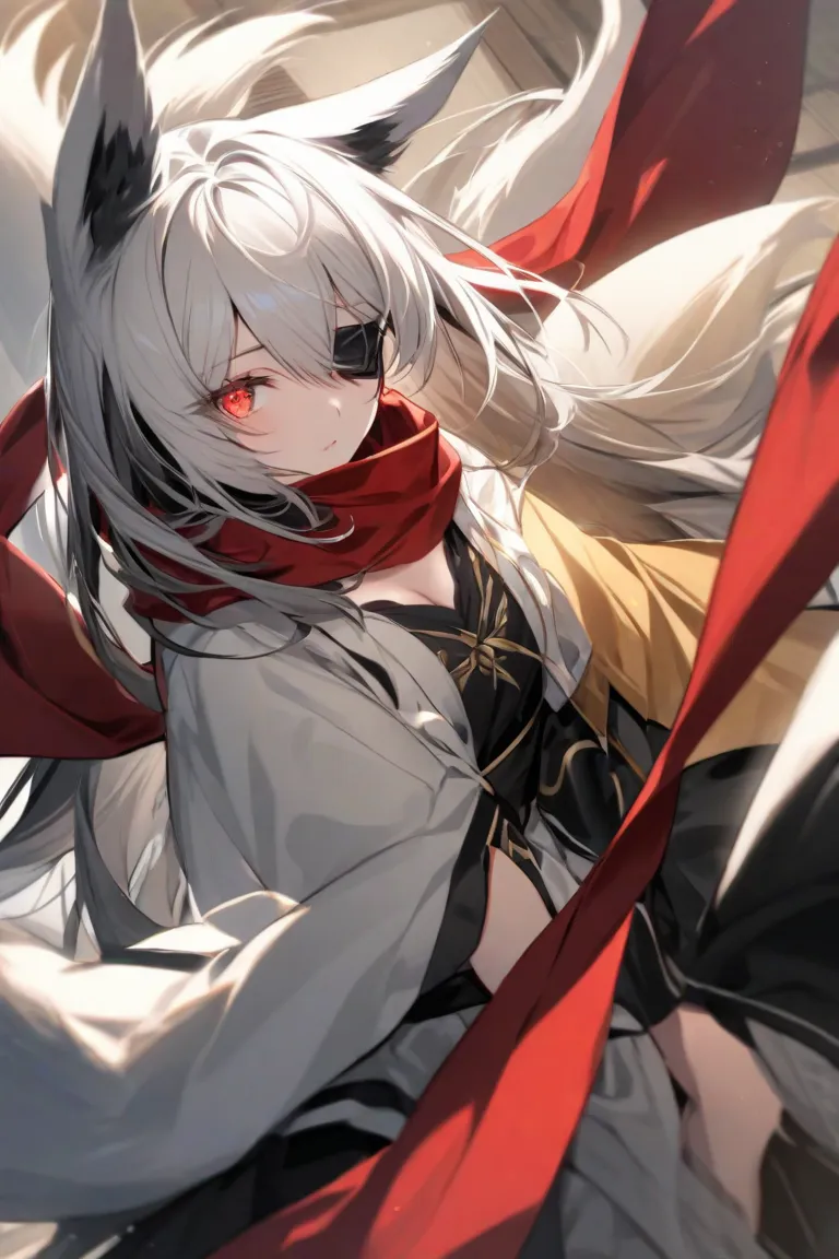 Age 16 half black half white hair wears a red scarf her left eye iris/pupil Red her right eye Iris/pupil golden wears a mask is a kitsune her kitsune tails and ears are half black half white like her hair make her alone in the image