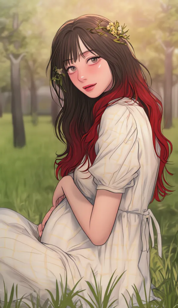 Korean pregnant girl, long straight black hair with red highlights adorned with small yellow flowers, bangs, gray eyes, sería pequeña sonrisa, coreana. slanted korean eyes, white dress with light yellow checkered pattern, sitting on the grass, under pear t...