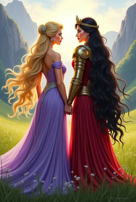 "A breathtaking digital painting of two powerful female warriors standing side by side in a sunlit valley. One is a graceful princess with long, flowing golden hair, wearing a beautiful lavender gown with elegant silver details, embodying kindness and magi...