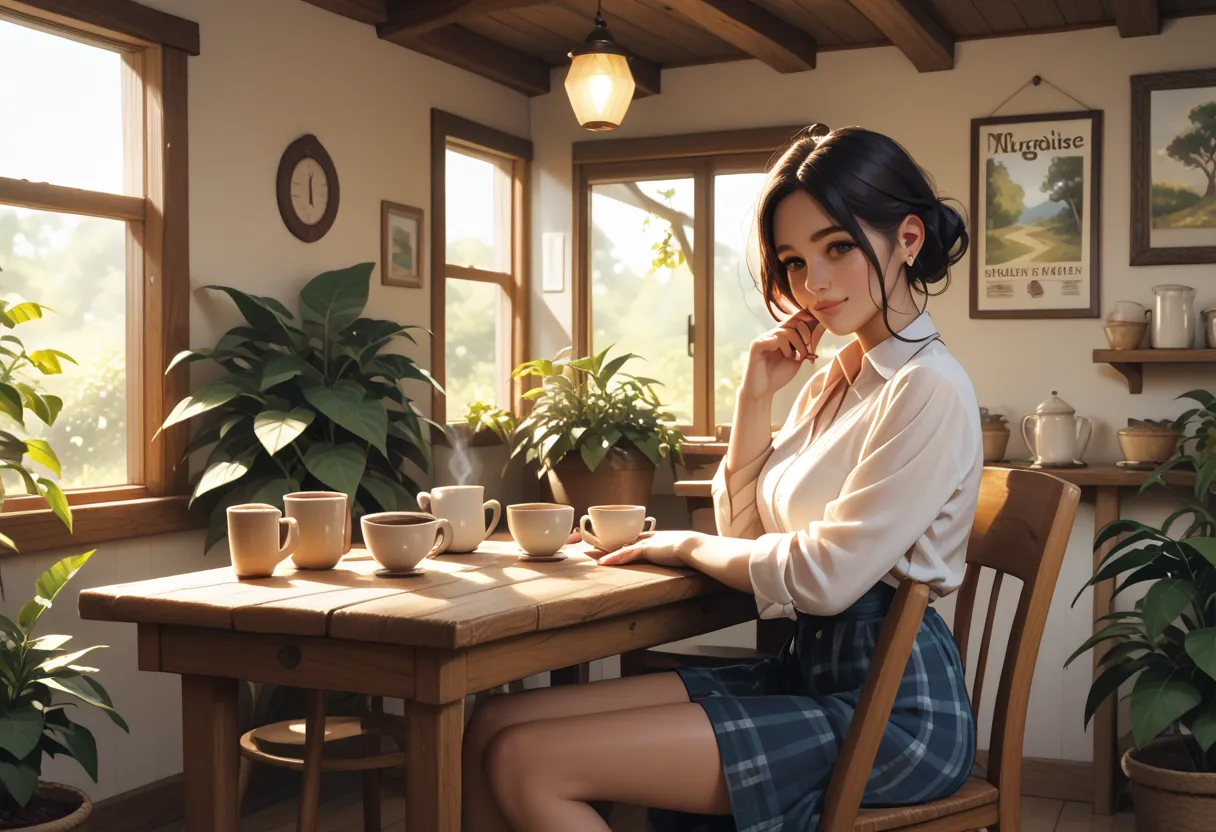 "Inviting cafe with abundant greenery, wooden chairs, and sunlight filtering through glass windows. A woman is seated near the counter, journaling with a cup of coffee beside her. The cafe's rustic decor features small framed posters and shelves filled wit...