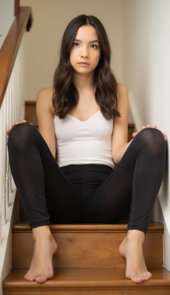 (Front view), tall girl in gray leggings sitting on stairs