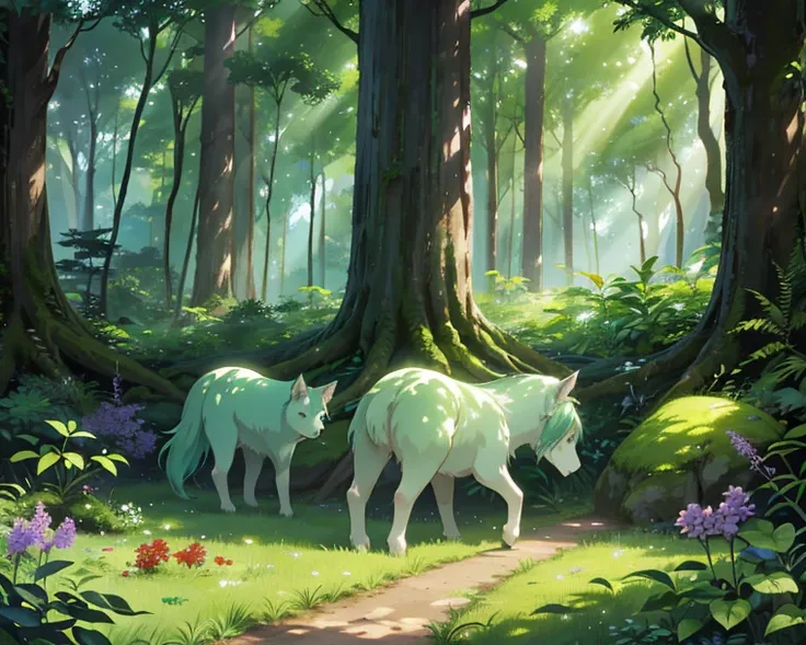  forest in anime style, inspired by Studio Ghibli, featuring dense ancient trees with lush green foliage, dappled shadows on the forest floor,, colorful wildflowers scattered throughout, a peaceful, dark atmosphere, soft pastel colors, quiet and mysterious...