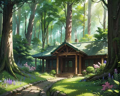  forest in anime style, inspired by Studio Ghibli, featuring dense ancient trees with lush green foliage, dappled shadows on the forest floor,, colorful wildflowers scattered throughout, a peaceful, dark atmosphere, soft pastel colors, quiet and mysterious...