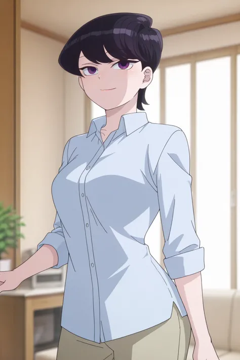 Source_anime,anime screenshot,anime coloring, official style,  uncensored, perfect quality,a mature woman, alone, short hair, black hair, detailed hair, purple eyes, detailed eyes, nose defined, detailed mouth, detailed face, hands with 5 fingers detailed,...