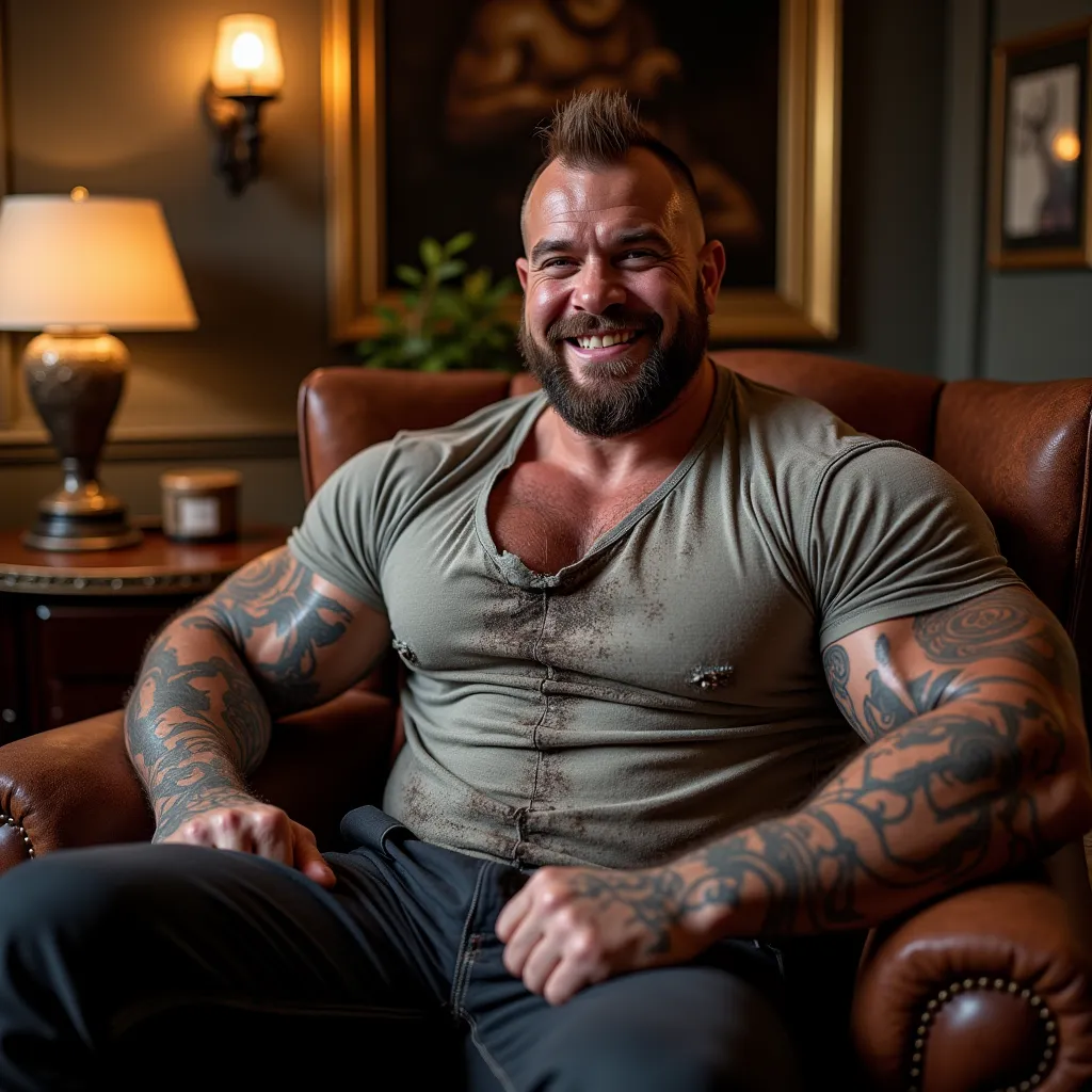 an arrogant self-confident smiling bodybuilder construction worker with huge tattooed arms and big  pecs and a mohawk in a tattered dirty T-shirt sitting in an armchair in a fancy elegant  salon