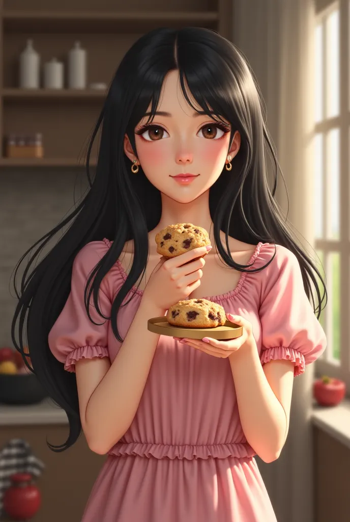 Woman holding a cookie wearing pink dress with black hair