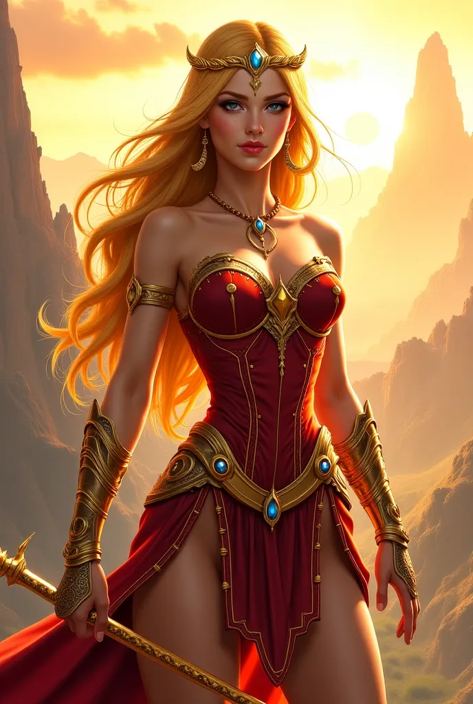 2nd Image Prompt (Golden-haired warrior):

"A stunning digital painting of a majestic female warrior with long, flowing golden hair, wearing a red and gold battle corset with intricate golden armor details. She has a confident expression, holding a mystica...