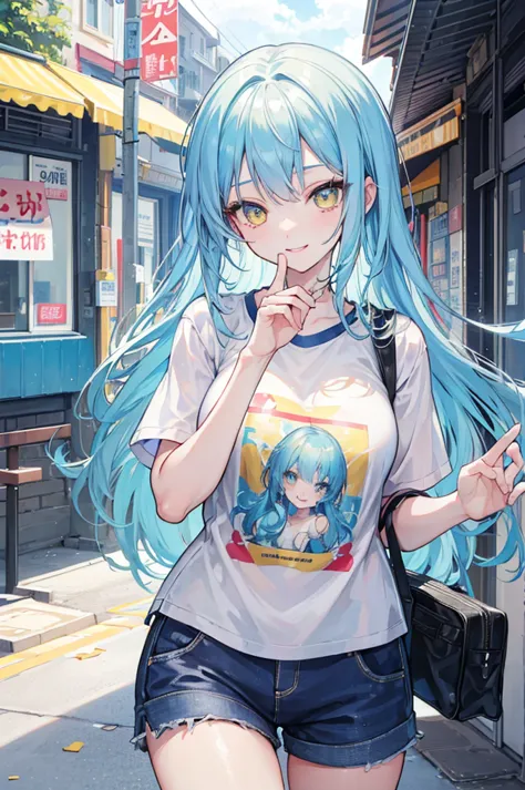 (best quality,ultra-detailed,highres,masterpiece:1.2),careful with hand, beautiful anime girl with light blue hair, yellow eyes, cute outfit like t shirt and shorts, Ai oshi no ko, street, eating, have fun, euphoria, energy happy expression, magic, detaile...