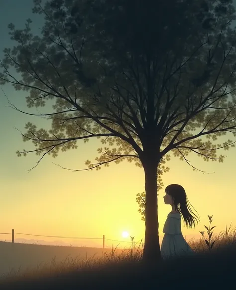 Girl looking at the horizon next to the tree 