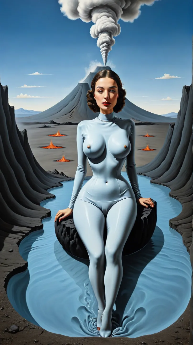 Woman chilling in volcano - surrealist style, surrealist artwrok, dream like, Salvador Dali style, Rene Magritte style, highly detailed, masterpiece, painting-like, HD