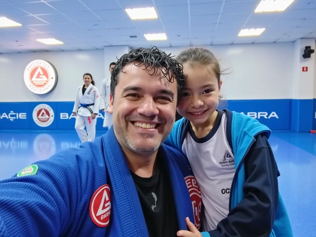 man in dark blue kimono, with the Gracie Barra Jiu-jisu academy G logo in red and white as in the photo on the left. With  daughter, and wearing a light blue school uniform on the right, at the Gracie Barra Pinhais Paraná academy.