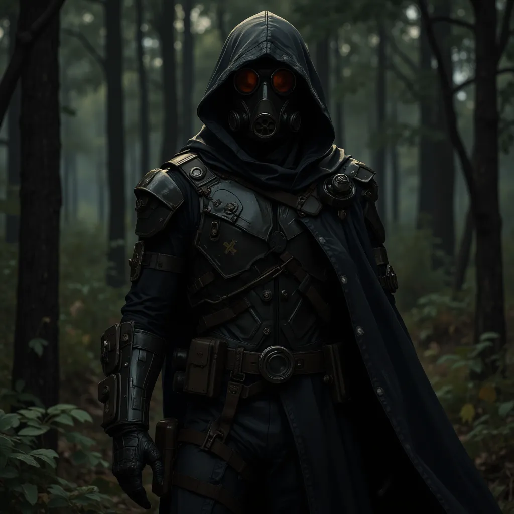  A Man, with a black technological armor, He's wearing a long black hooded overcoat on top of that armor, He's wearing a black gas mask that covers his entire face, He's wearing two leather gloves, He is wearing black military pants,  He is in a dark fores...