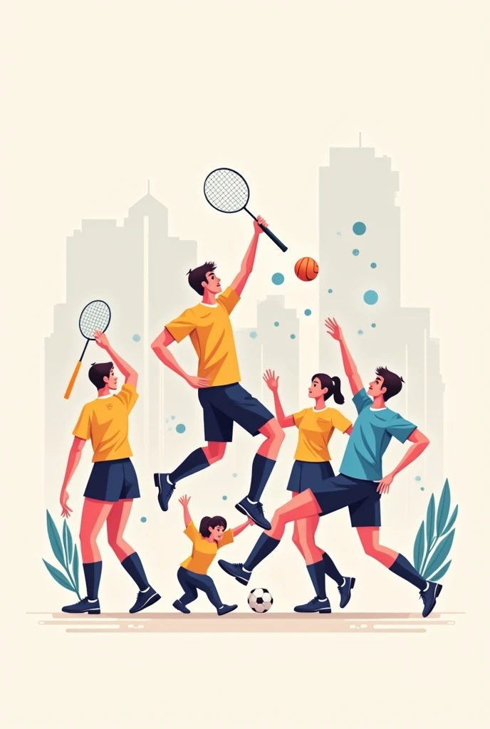 image  , that sports have: volleyball, gym , athletics, soccer, badminton, , that represent the passion for sports, and that is striking with neutral colors 