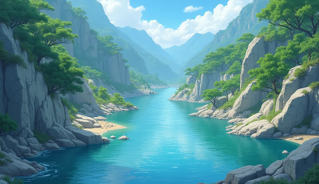 river going around rocks. Anime Style