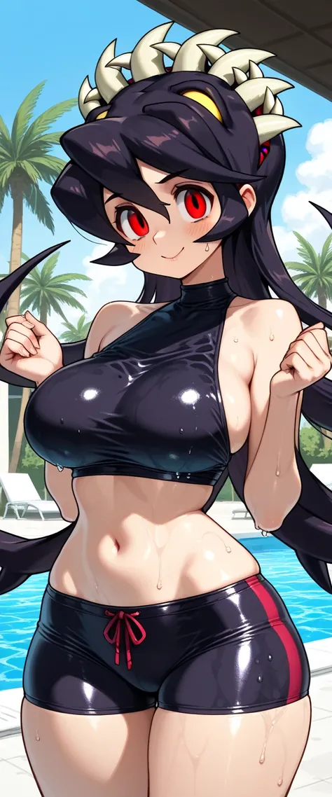 ( Masterpiece),  top quality,  expressive eyes,  Perfect Face, 1 girl,Filia, Skullgirls , big breasts, wide hips,  thin waist, (  Sexy girl),black crop top, spandex shorts, With ribbon, , salon, Heeled Sandals,  good_feet, blanking,smile,Swimsuit model, st...