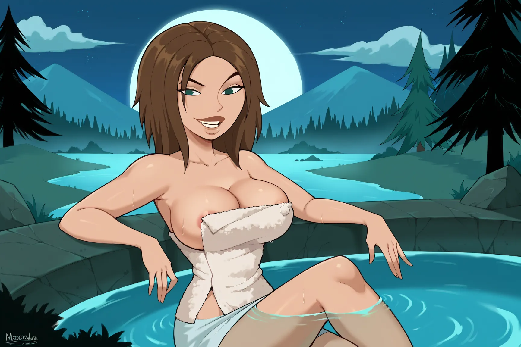 masterpiece, the best quality, incredible quality, very aesthetic, absurdres, newest, landscape, 1 girl, Alone , big breasts,  smile, lasive eyes, nude towel,  collarbone, full body, on thermal bath ,  Water,  night, dark, thermal bath , forest, out, looki...