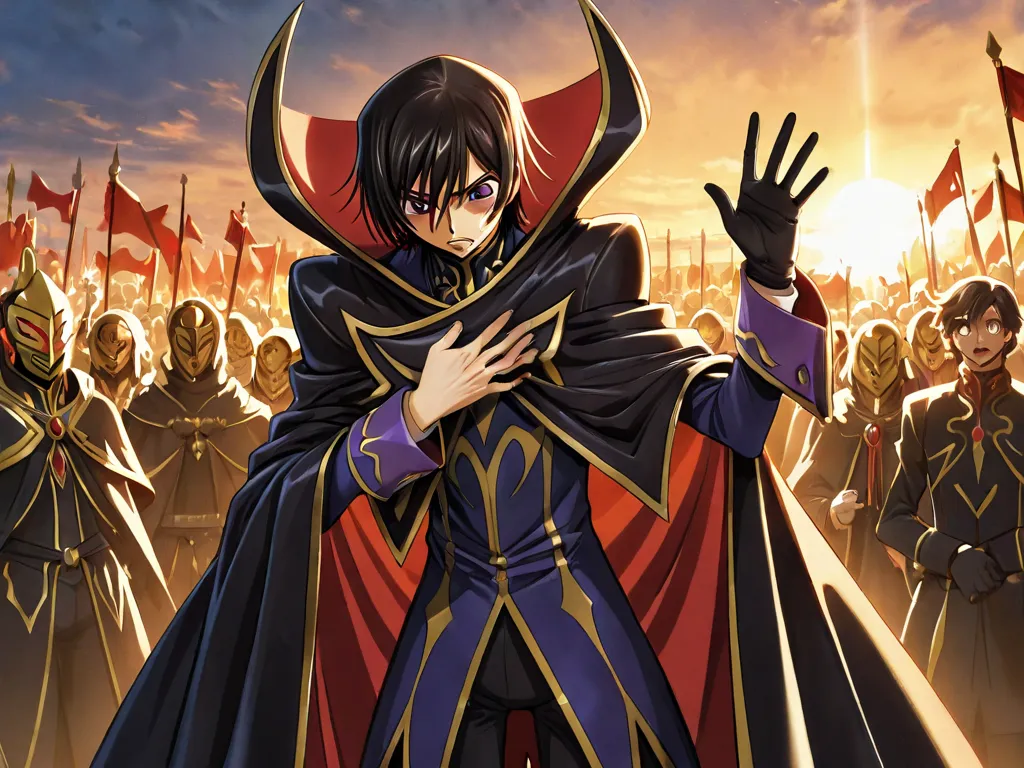 "Dramatic anime-style concept art of the final scene from Code Geass. Zero, wearing his black and gold mask and flowing cape, pierces Lelouch’s chest with a sword. Lelouch, dressed as the Emperor, collapses forward, his face filled with pain yet acceptance...