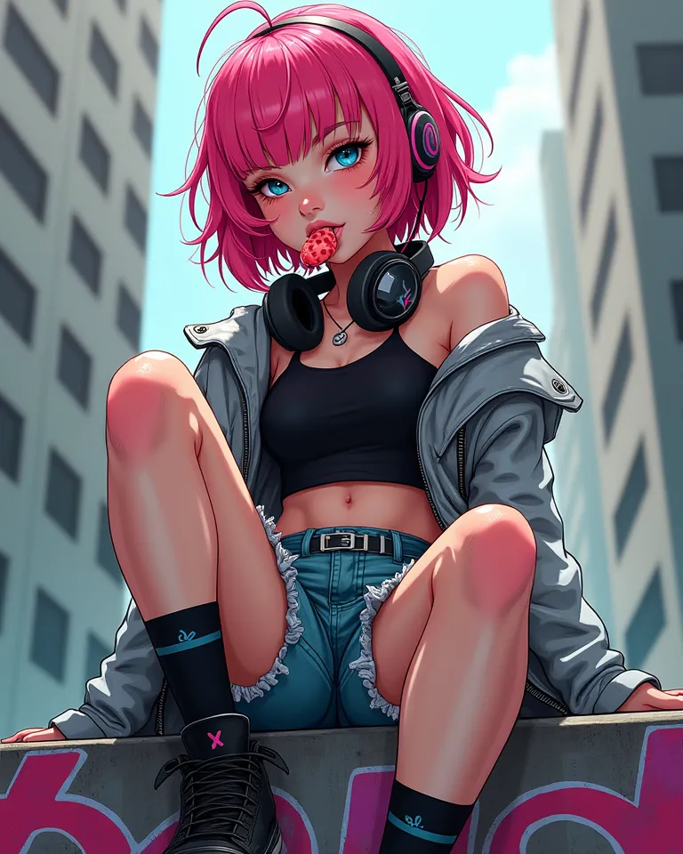 The stylized illustration of a young girl with a stylish and rebellious look sitting on an urban surface, possibly a railing or wall, in an urban section scenario. It has a vibrant short and modern hair, with a striking and expressive look. Its style is in...