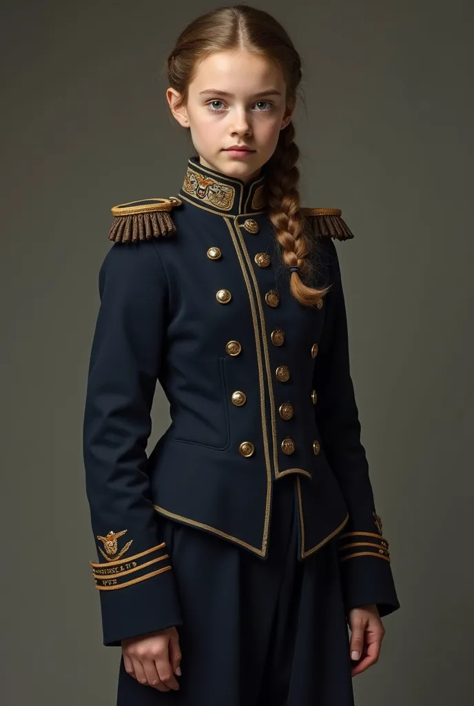 16th-17th Century Royal Navy Girl. The girl had an elegant posture, confident, with a graceful military gait.
Her hair was neatly arranged into a strict hairstyle. She was wearing a dark blue jacket with brass buttons, combined with long pants.
The arms of...