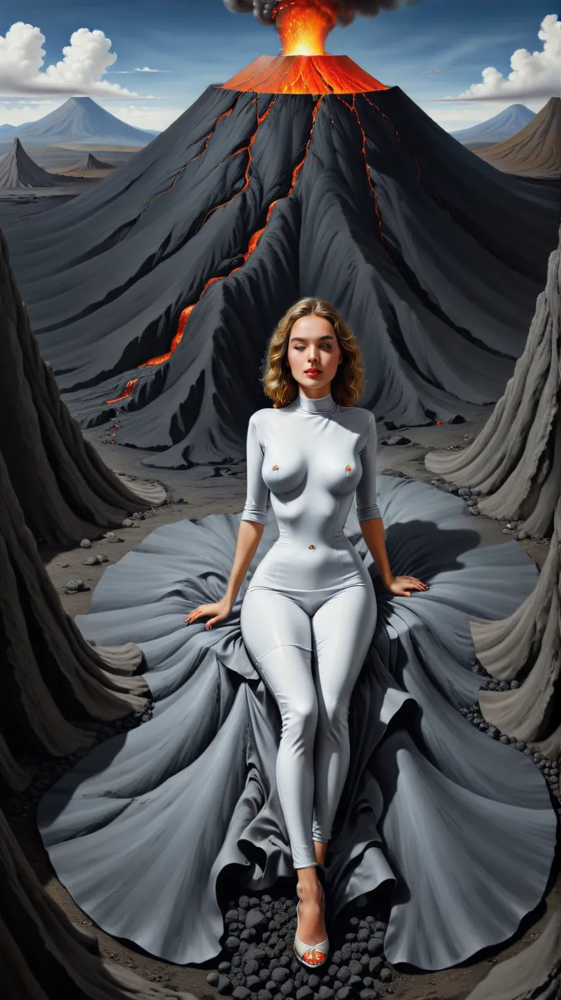 Woman chilling in volcano - surrealist style, surrealist artwrok, dream like, highly detailed, masterpiece, painting-like, HD