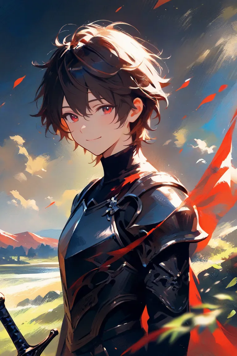 1man, young man, landscape, illustration, half body, handsome, black messy hair, soft looking eye, half black and red colored eyes, cheerful demeanor, warm smile, fantasy theme, wearing a simple looking Amateur level knight chestplate and tight turtleneck ...