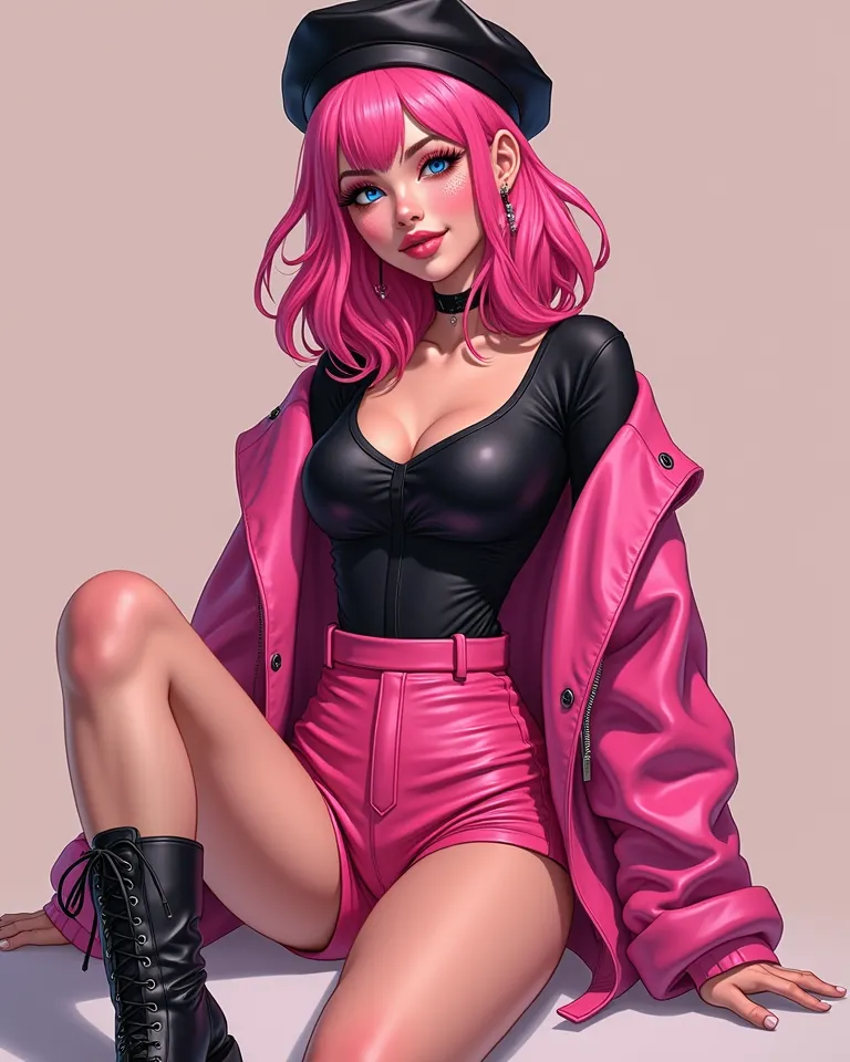 The image features a stylized digital illustration of a young woman with a modern and vibrant look. She sits on her legs, partially tilting her body forward. She has medium and wavy vibrant hot pink hair, expressive eyes highlighted by a fusia makeup and a...