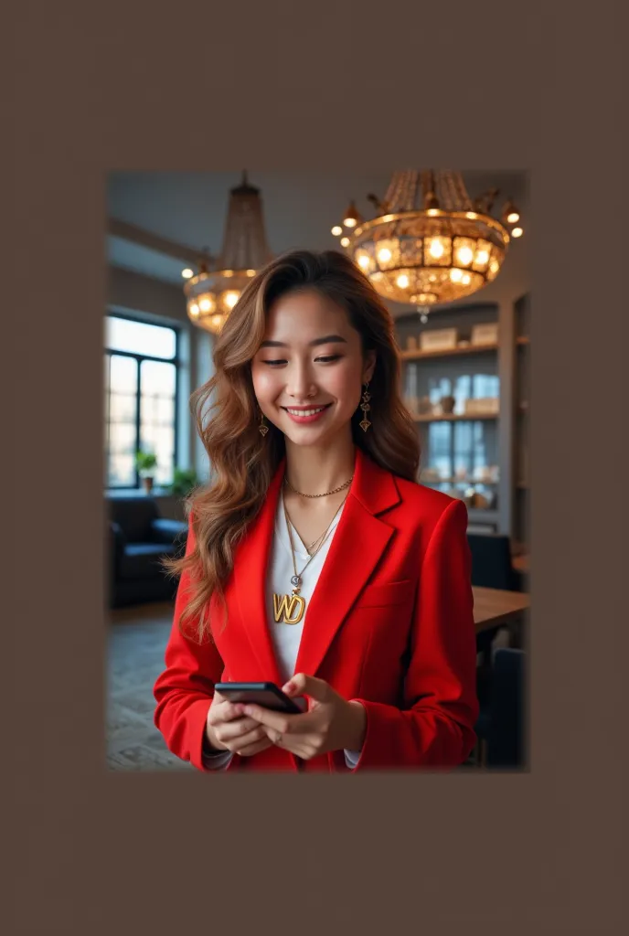 a beautiful woman wearing a pendant with the letters' WD ', holding a smartphone receiving an enormous flow of information coming from social networks, Realistic,  portrait, digital art,  detailed, 4K, vivid colors, studio lighting, depth of field effect, ...