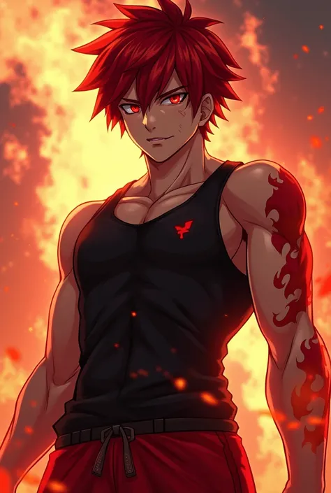 Male adolescent anime warrior with evil eyes killer instinct with black tank top with small red details and red shorts red hair and red eye is a symbol of fire in the right eye and a scratch on the eyebrow and the strongest fire power of all and the symbol...