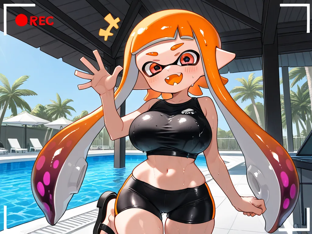 ( Masterpiece),  top quality,  expressive eyes,  Perfect Face, 1 girl,inkling girl, Splatoon , big breasts, wide hips,  thin waist, (  Sexy girl),black crop top, spandex shorts, With ribbon, , salon, Heeled Sandals,  good_feet, blanking,smile,Swimsuit mode...