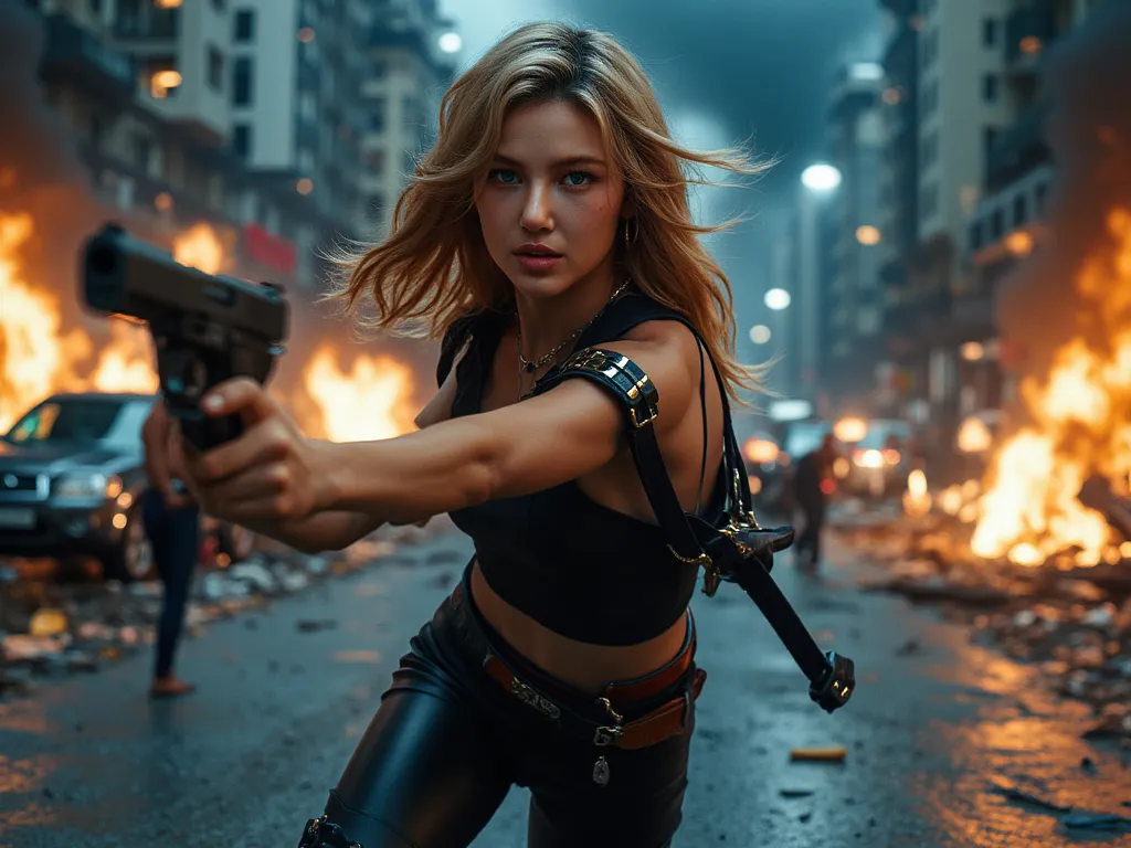  a woman ,blue eyes black eyebrows blonde hair, wearing black tank top, black leather pant, holding gun, in action shooting her gun at the enemy while sprint so fast from explosion, explosion behind her, cars burning ,building explodes, debris fly everywhe...