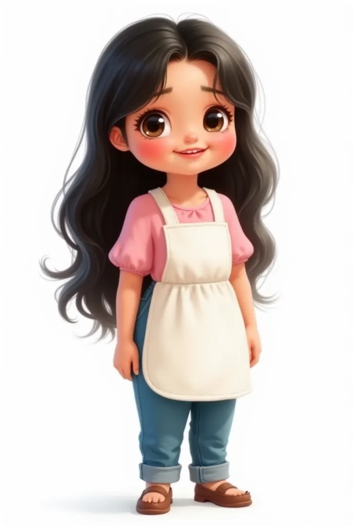 Illustration digital art Disney style happy chubby girl with long black hair brown eyes with pink blouse jeans and white apron on a white full body background