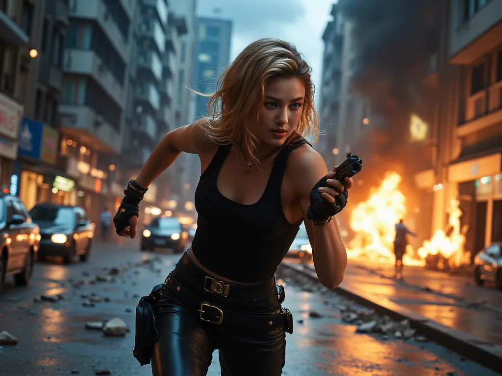  a woman ,blue eyes black eyebrows blonde hair, wearing black tank top, black leather pant, holding gun, in action shooting her gun at the enemy while sprint so fast from explosion, explosion behind her, cars burning ,building explodes, debris fly everywhe...