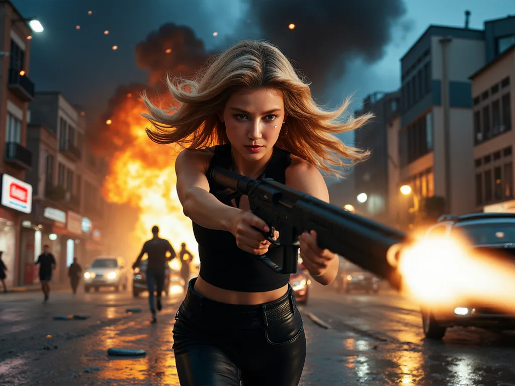  a woman ,blue eyes black eyebrows blonde hair, wearing black tank top, black leather pant, holding gun, in action shooting her gun at the enemy while sprint so fast from explosion, explosion behind her, cars burning ,building explodes, debris fly everywhe...