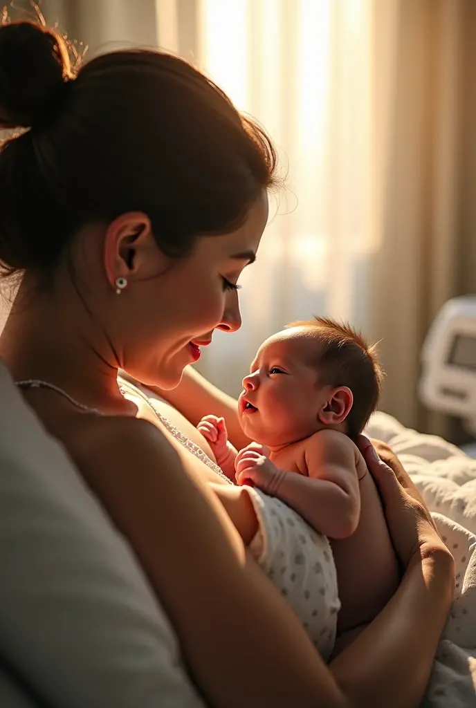 I created a real image of a mother with her baby changing a diaper and with a cup of coffee for a maternity profile 