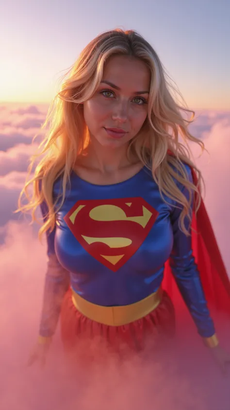 Close-up of an imposing figure, a young woman in a 1980s Supergirl costume ((20years old with large breasts; Supergirl 1980s costume; glued to the body; beautiful and elegant; huge breasts; blonde hair with some white strands))) and piercing gaze, floating...