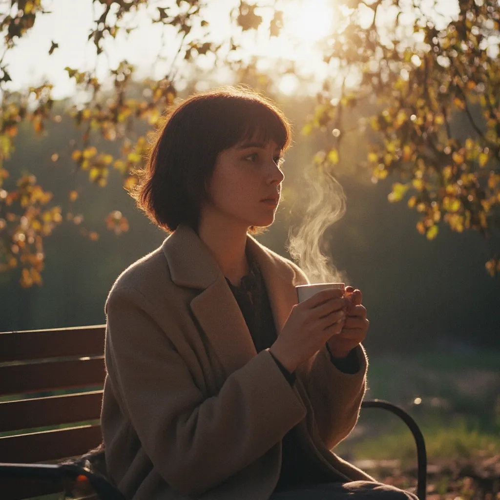 A breathtakingly melancholic yet comforting cinematic photograph of a young woman with short black hair and freckles, sitting alone on a wooden bench in a quiet autumn park during sunset. She wears an oversized coat, slightly too big for her frame, as if i...