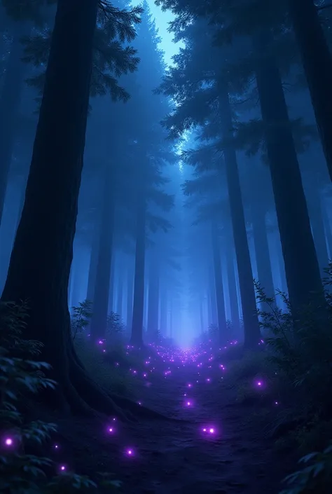 View of dark fantasy forest with few scattered purple fireflies, a digital painting inspired by Ross Tran, trending on Artstation, digital art, badass anime 8k, UHD, wide angle lens, details and vivid colors, realistic, very accurate, vibrant and dynamic, ...