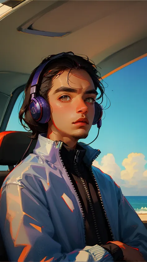 arafed man with headphones sitting in a car with a view of the ocean, twitch streamer / gamer ludwig, profile picture 1024px, sebastien chabal, tony khan wearing a headset, with head phones, h3h3, real life photo of a syrian man, 8k selfie photograph, head...