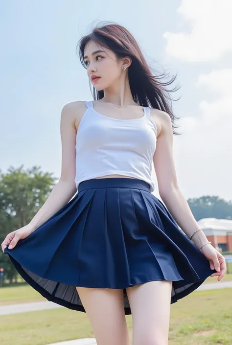 Nude App 3.0, NSFW, Full Body view; 1Girl (Girl: 25 Years Old Body, Single, pleated college skirt, navy blue very mini skirt blowing in the wind showing her vagina, Naked, Medium-sized Breasts, Small Puffy Nipples, Vagina in high detail); (leaning towards ...