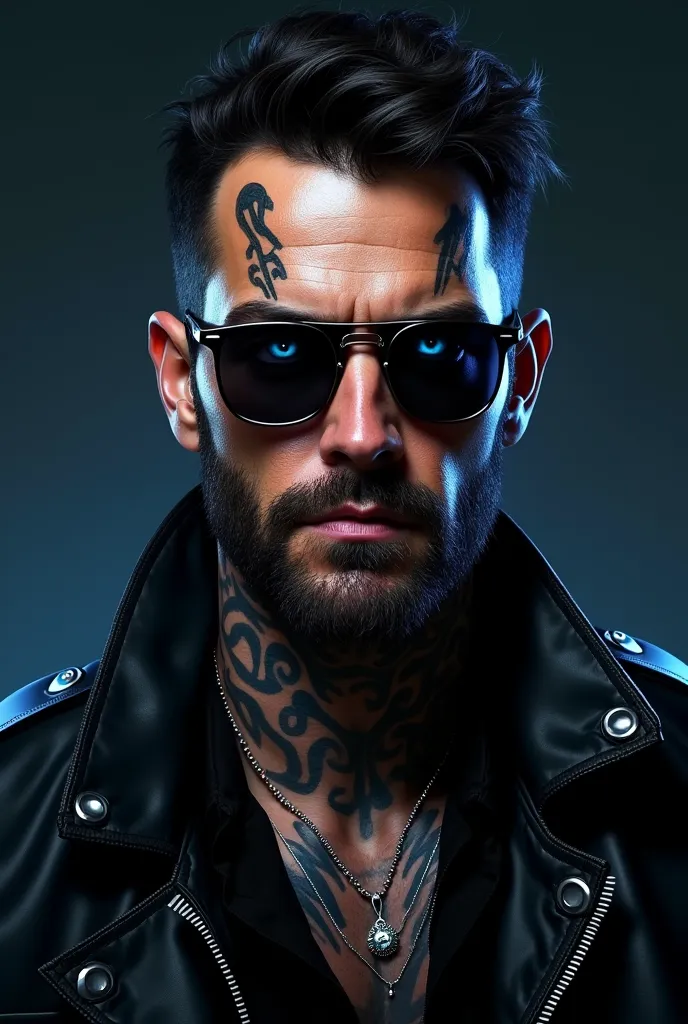 Cyberpunk digital portrait of a man like Ben Affleck, edgy street style, graphic face tattoos, dark background, short dark hair, intense blue eyes, sunglasses. neck tattoos, gritty urban aesthetic, dramatic face markings, sharp facial features, dark leathe...