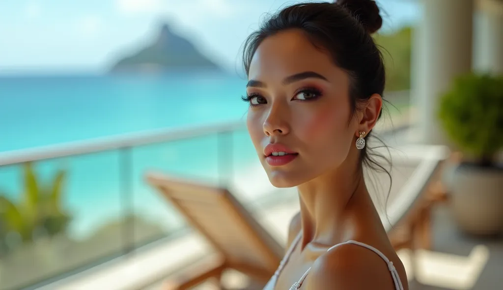 A high-resolution professional The mid-to-large plan photograph of a luxurious  woman on the terrace of a seaside restaurant, perfect for a YouTube thumbnail.  The light blurred background showcases glimpses of the ocean and tropical greenery, enhancing th...