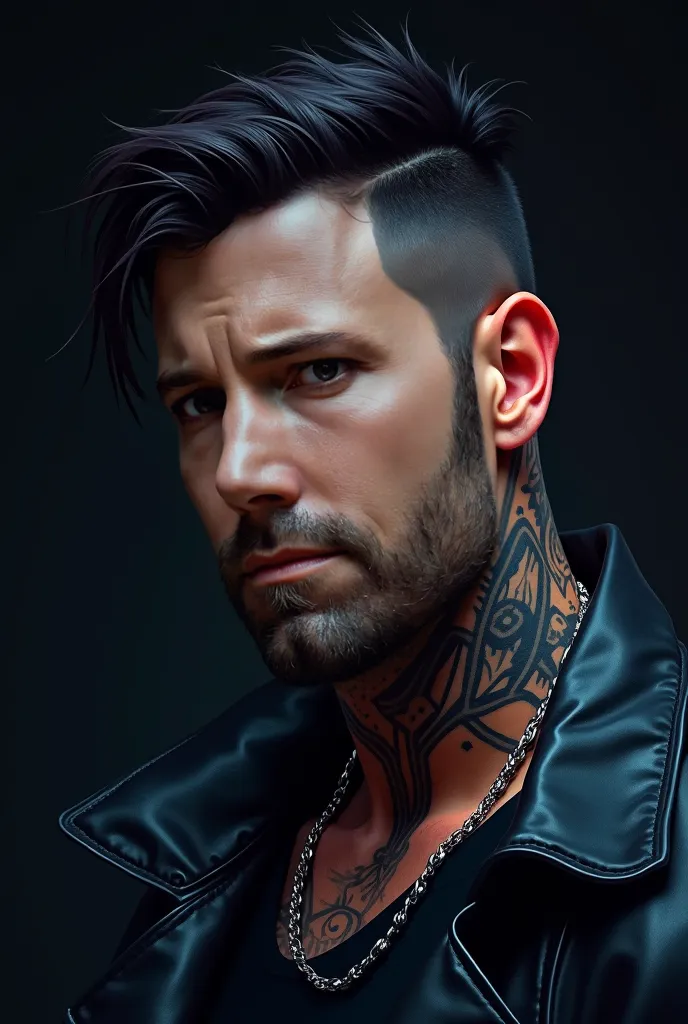 Cyberpunk digital portrait of a man like Ben Affleck, edgy street style, graphic face tattoos, dark background, short dark hair, intense blue eyes, neck tattoos, gritty urban aesthetic, dramatic face markings, sharp facial features, dark leather jacket, hy...