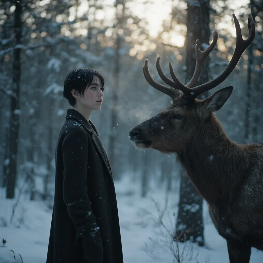 A cinematic, melancholic photograph of a young woman with short black hair and freckles standing in the middle of a dense forest of dry pine trees, surrounded by freshly fallen snow. By her side, a majestic elk stands still, its breath visible in the cold ...