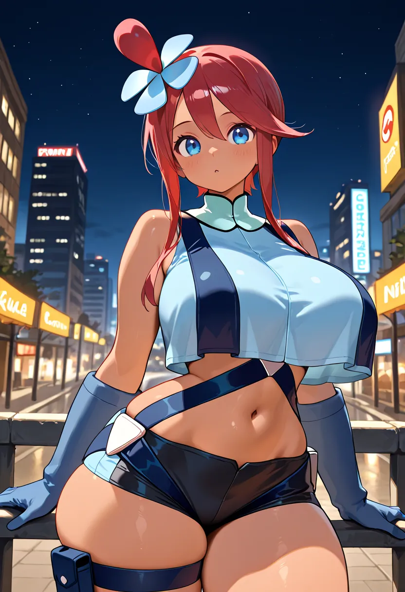 1girl, huge breasts, wide hips, thick thighs, huge ass, pokemonskyla, blue eyes, tanned skin, hair ornament, one side up, red hair, short hair with long locks, sidelocks, outdoors, (night), city, blue gloves, black skirt, blue crop top, gloves, midriff, na...