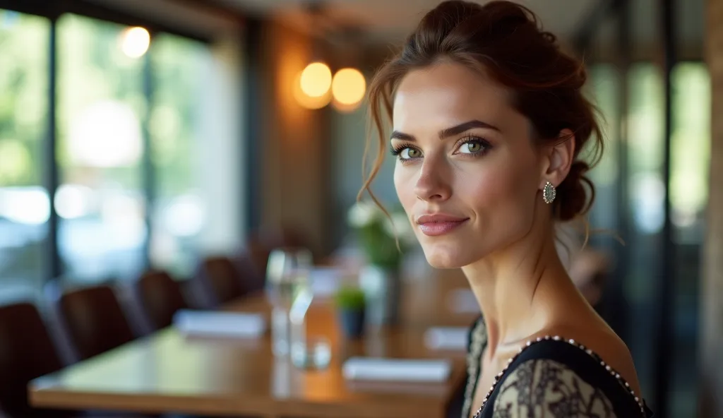 A high-resolution professional photograph a European woman sitting at a table in a modern restaurant. Captured in a close-up shot. . Shot with a full-frame DSLR camera, ensuring realistic skin texture, natural lighting. True-to-life photographic realism—no...