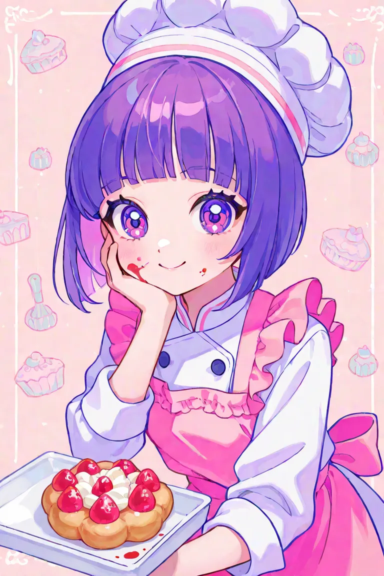  1 number,  pink apron , Pastry chef , short purple hair bob bangs,  smile, Fuchsia eyes , blood on her cheeks,  pastry,  pastel colors 