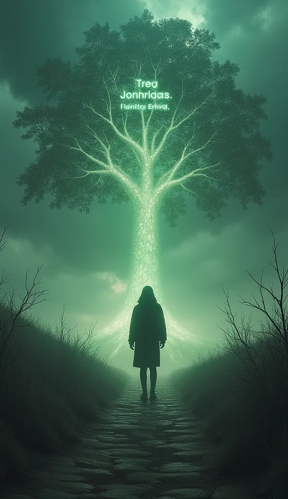 A person stands at a crossroads, one path marked by a thriving family tree, the other by wilted branches. The verse glows above them, etched into a stormy sky.