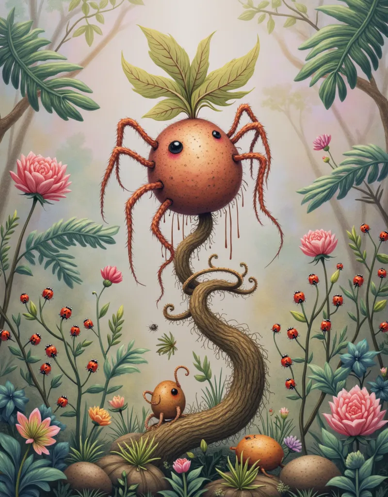 Whimsical surrealism. Vibrant colours, loose brushstrokes reminiscent of Jean Giraud + Milo Manard + Catrice Abel. Potato plant and spider animal. Soft, warm lighting, warm pastel shades. A charming painting from The Miracle of Life, meticulously crafted i...