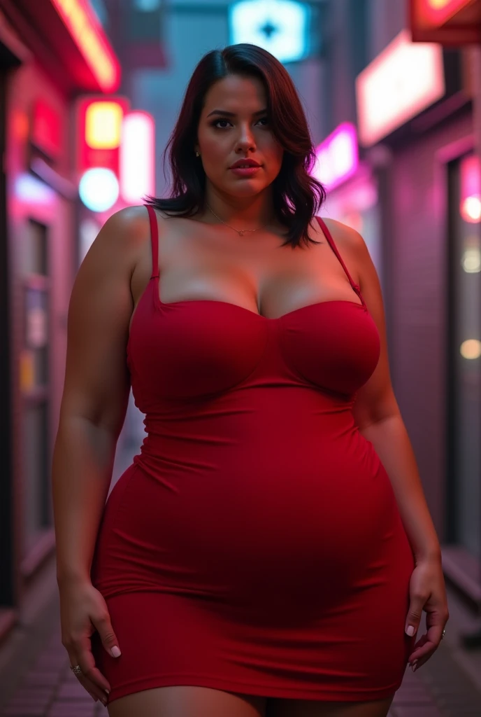 *"A hyper-exaggerated ultra-curvy female character in a tight, revealing red dress. Her insanely massive breasts and extremely wide hips stretch the fabric to its absolute limit, barely contained within the outfit. The exaggerated hourglass figure is beyon...